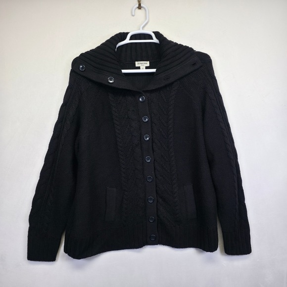 St Johns Bay Cardigan Womens Black‎ Cable Knit Chunky Ribbed Preppy Old Money - Picture 2 of 15